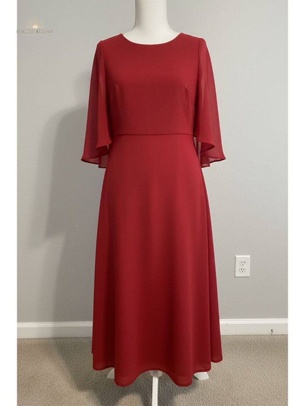 Elegant Flutter Chiffon Sleeve Midi Cocktail Dress A-Line Wedding Guest